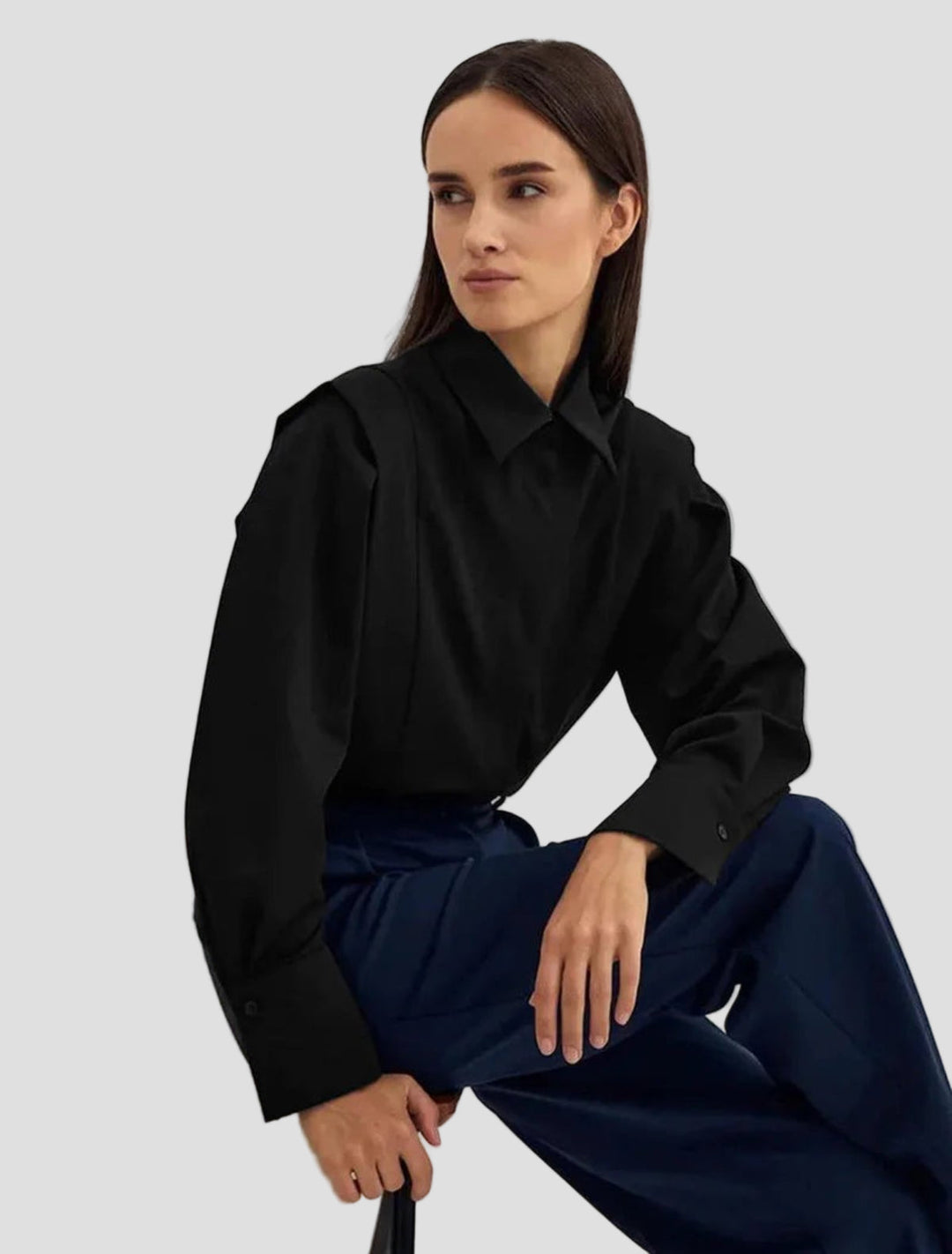 Fashionable ladies button down shirt with a unique square neck, perfect for any occasion.