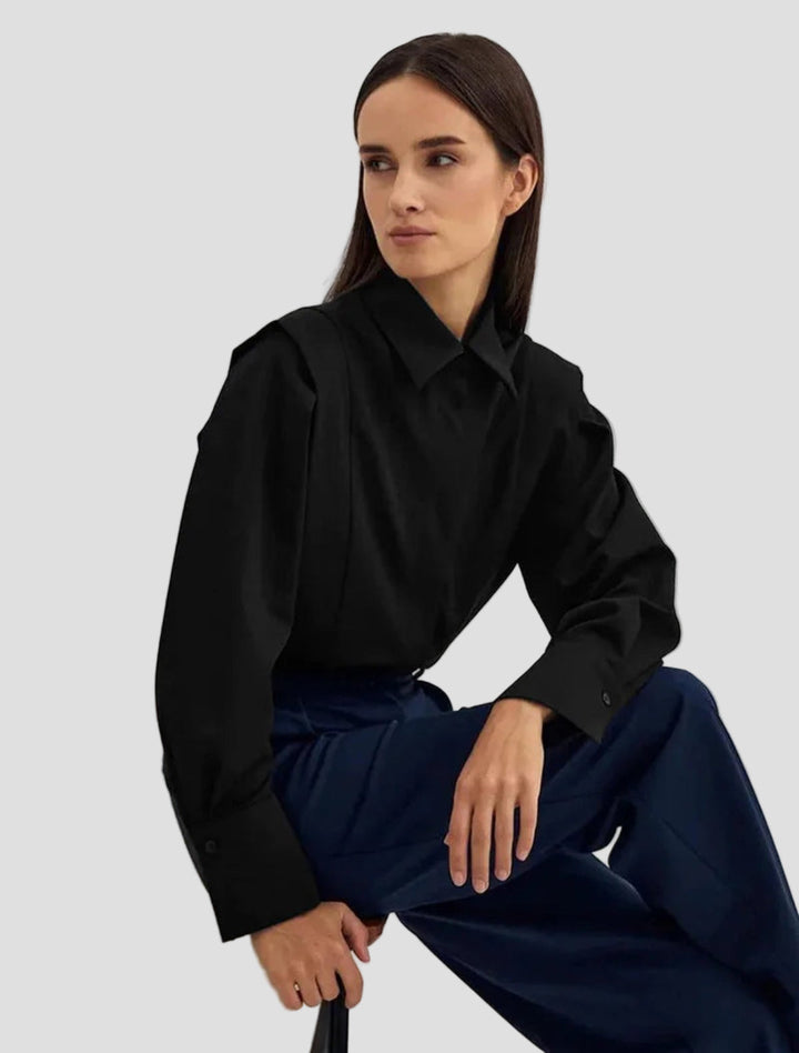 Fashionable ladies button down shirt with a unique square neck, perfect for any occasion.