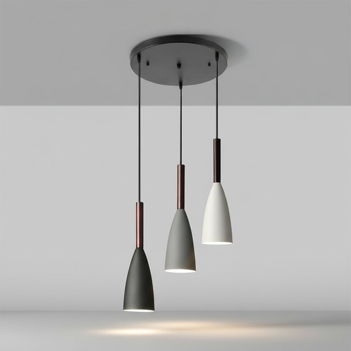 Triple hanging light, Scandinavian design, aluminum & wood for contemporary interiors.