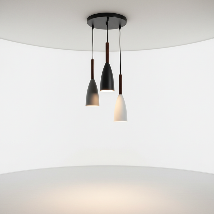 Scandinavian triple pendant light with aluminum & wood for kitchen island.