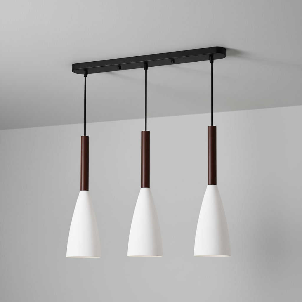 Aluminum and wood triple pendant light, elegant Scandinavian design.