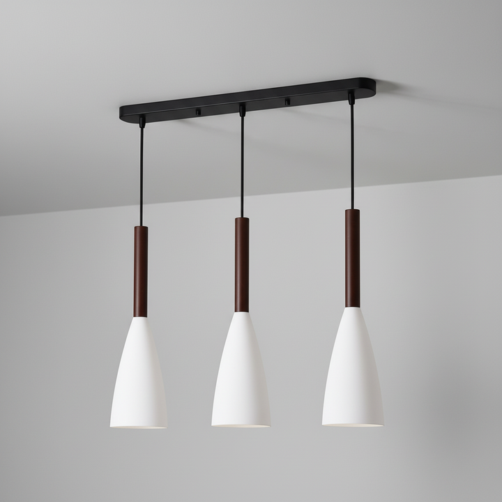 Aluminum and wood triple pendant light, elegant Scandinavian design.