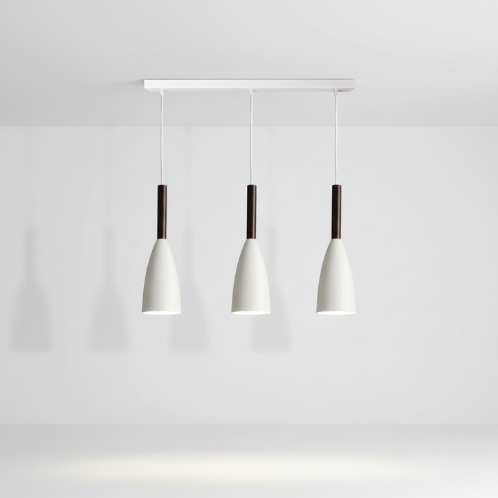 Modern triple pendant light, aluminum & wood, Nordic kitchen island decor.