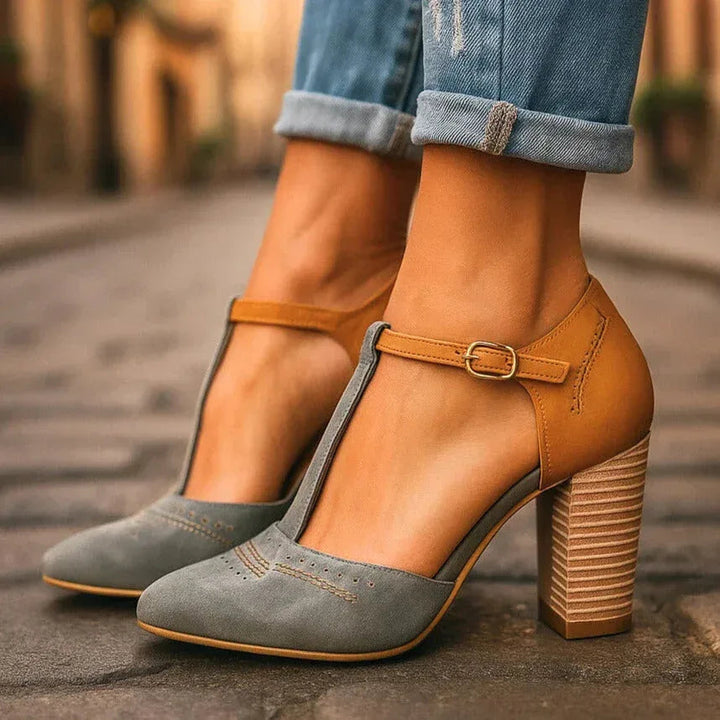Elegant two-tone block heel pumps for women, perfect for versatile daily comfort and office wear.