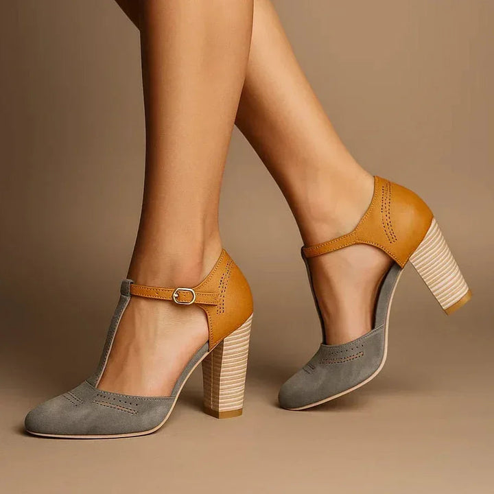 Versatile two-tone block heel pumps for women, fashionable footwear for various daily activities.
