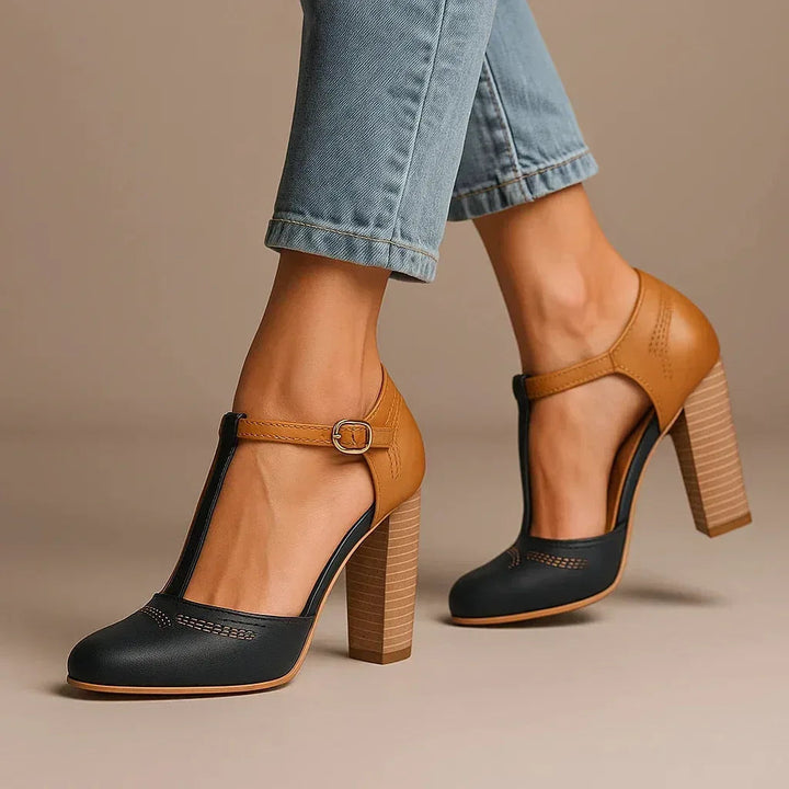 Chic women's two-tone block heel pumps, essential for comfortable and stylish daily wear.