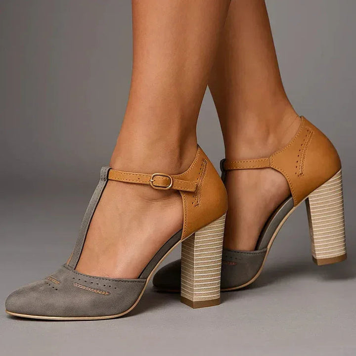 Dressy two-tone block heel pumps for women, providing elegant comfort for special events or work.