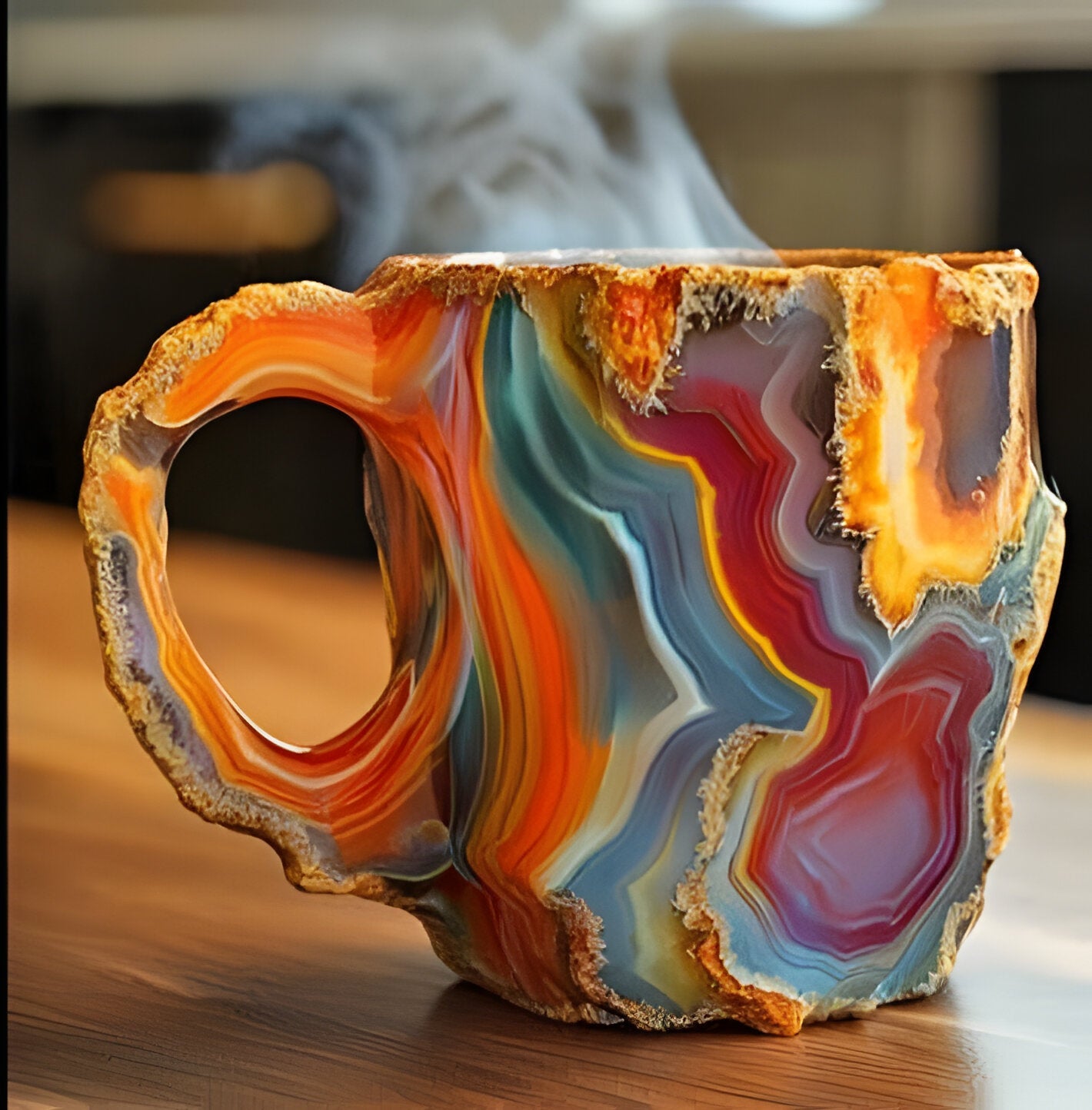 Hand holding an elegant crystal-look coffee mug, a durable resin tea cup, perfect for cozy moments.