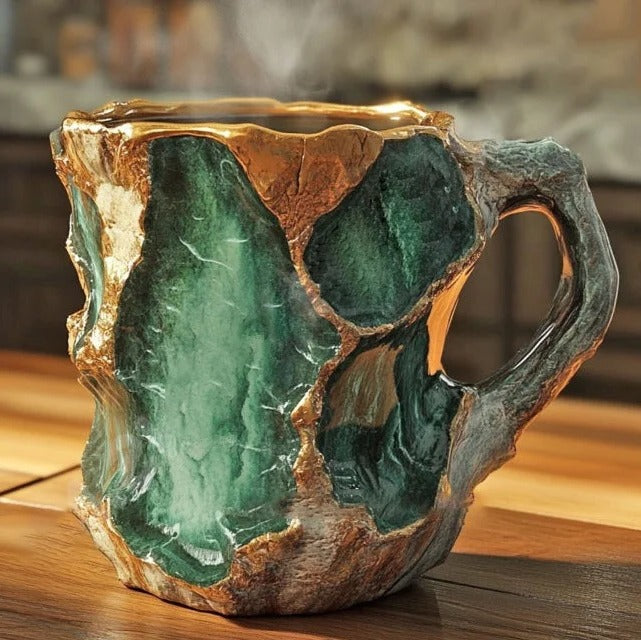 Close-up of a stylish crystal-look coffee mug, a durable resin tea cup, ideal for modern kitchenware.