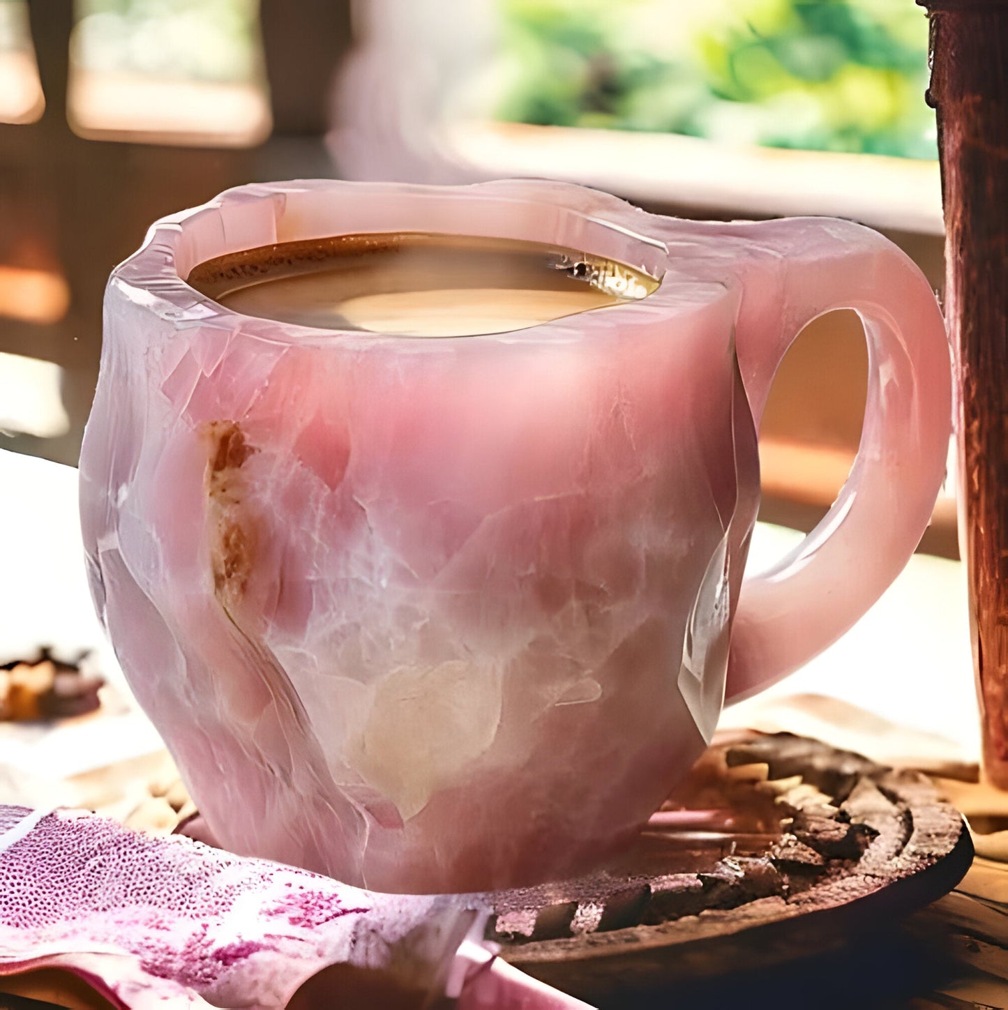 Front view of an elegant crystal-look coffee mug, a durable resin tea cup for daily sophisticated use.