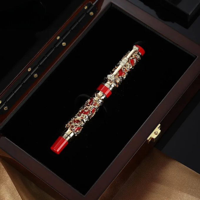 Close-up of a stunning dragon fountain pen, a sophisticated and elegant writing instrument.