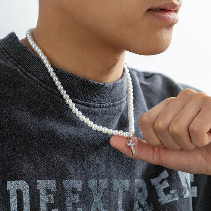 Luxurious unisex pearl necklace with a shining cross pendant, a chic and elegant religious fashion statement.