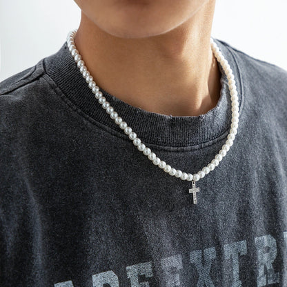 Unisex pearl cross pendant necklace, an elegant adjustable religious jewelry piece for a refined and modern look.
