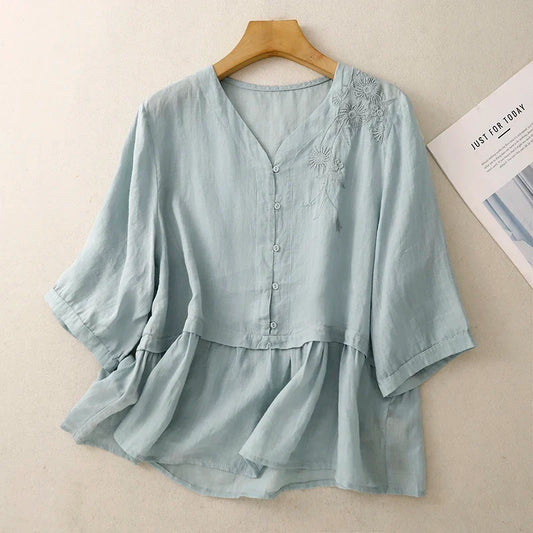 Elegant V-neck button-front blouse for women, long sleeve, relaxed fit, perfect for office or casual chic.