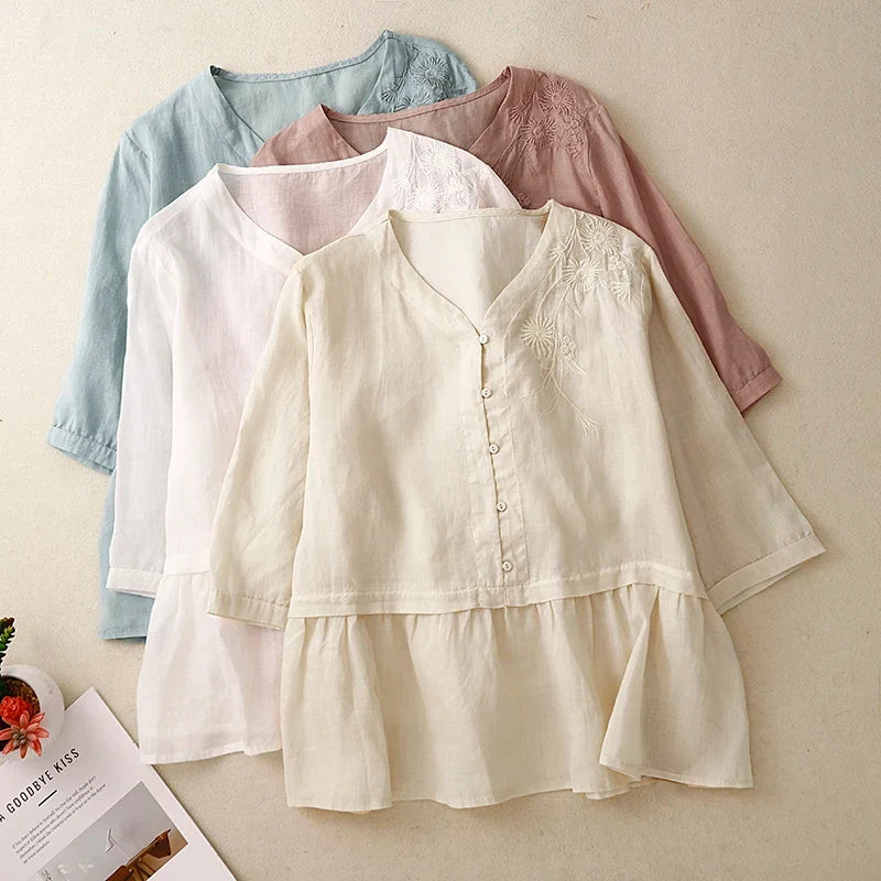 Stylish women's v-neck blouse with button front & long sleeves, versatile for everyday fashion or office wear.