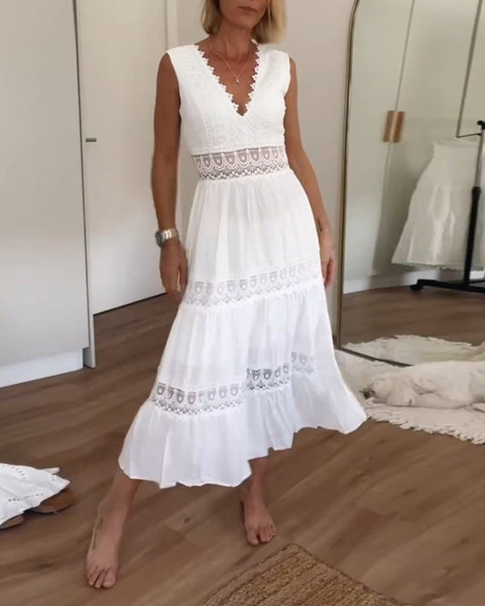 Elegant V-neck flowy summer dress for women, perfect for warm weather occasions.