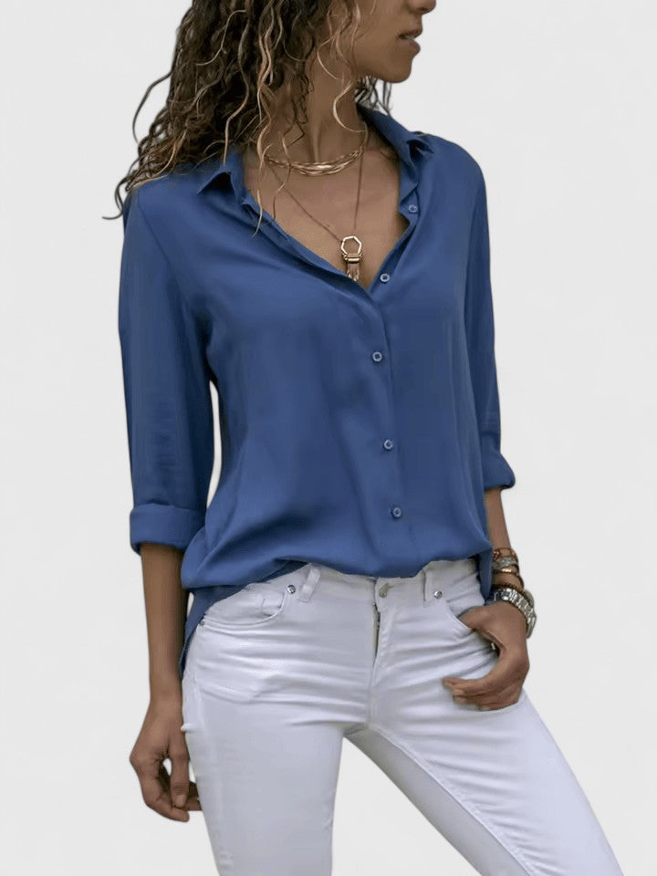 Lightweight V-neck blouse for women, ideal as an elegant top for summer workwear or smart casual occasions.