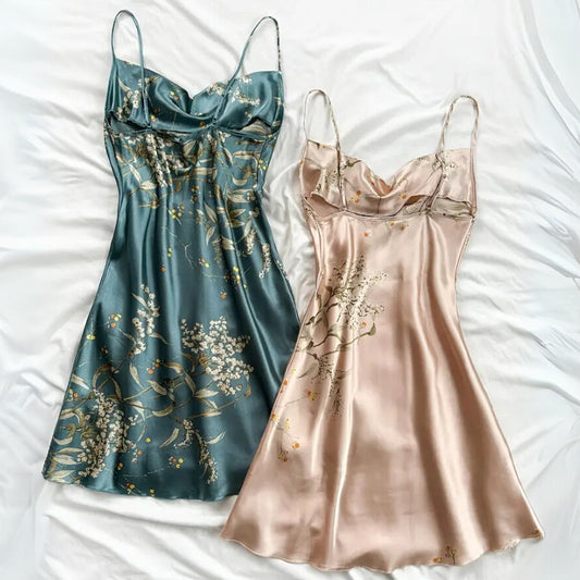 Elegant Velina women's floral nightdress with botanical print and draped neckline for comfortable sleepwear.