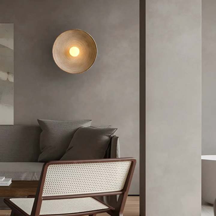 Elegant Wabi-Sabi Disc Wall Lamp, Japanese style ambient lighting. Perfect for modern home decor in living rooms.