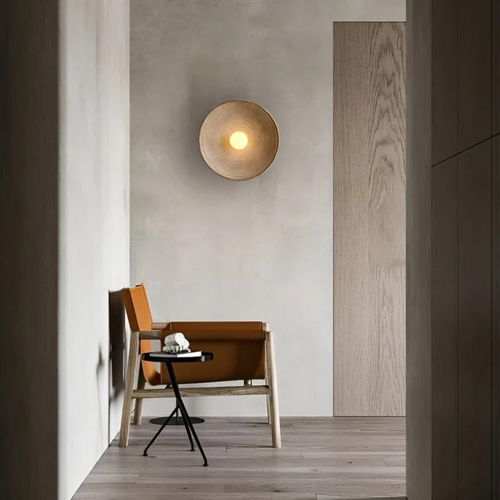 Artistic Wabi-Sabi disc wall lamp transforming living spaces with its elegant Japanese ambient light home decor.