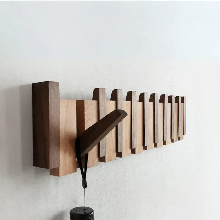 Elegant wall mounted wooden piano coat rack with 8 hooks for stylish entryway organization.