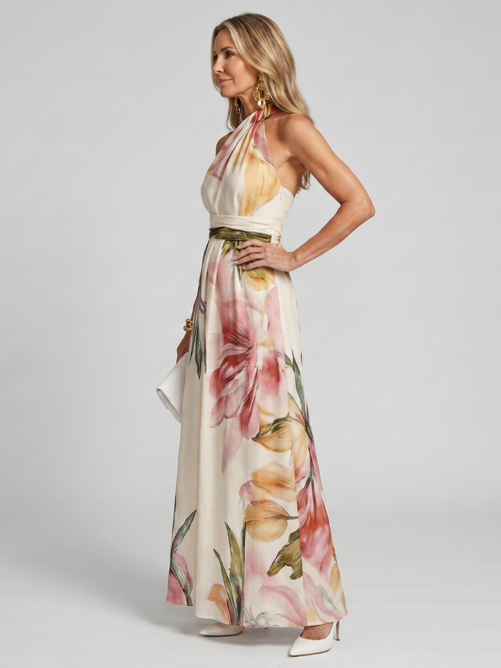 Stunning purple elegant halter maxi dress for women, featuring a comfortable flowy skirt for vacation.