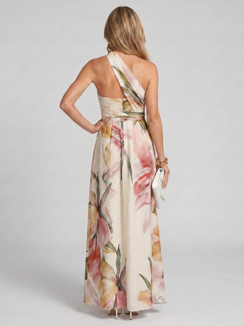 Women's comfortable flowy halter maxi dress, an elegant sleeveless design for summer and casual wear.