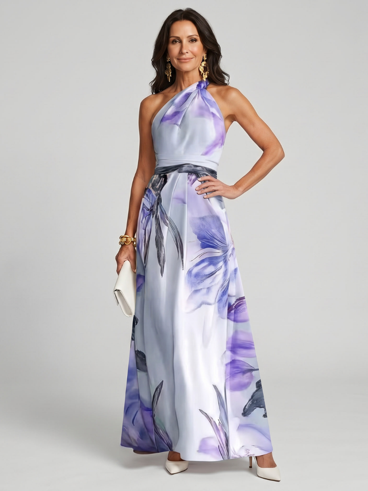 White elegant halter maxi dress for women's vacation style, a comfortable and flowy summer beach dress.