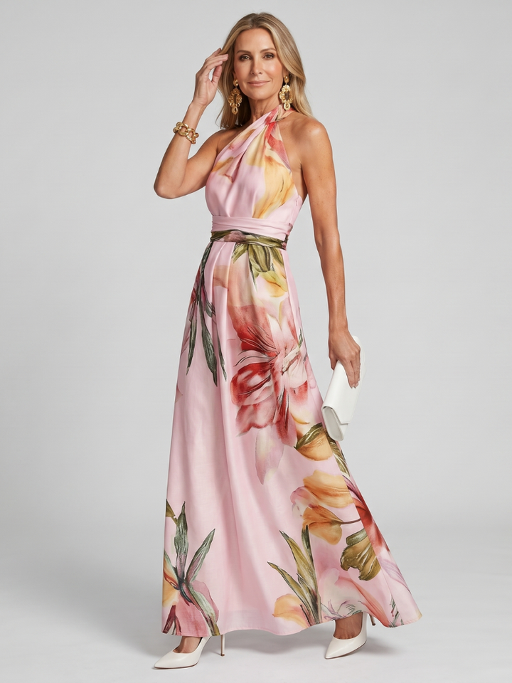 Stylish pink women's halter maxi dress, a comfortable sleeveless design with a flowy skirt for summer fashion.
