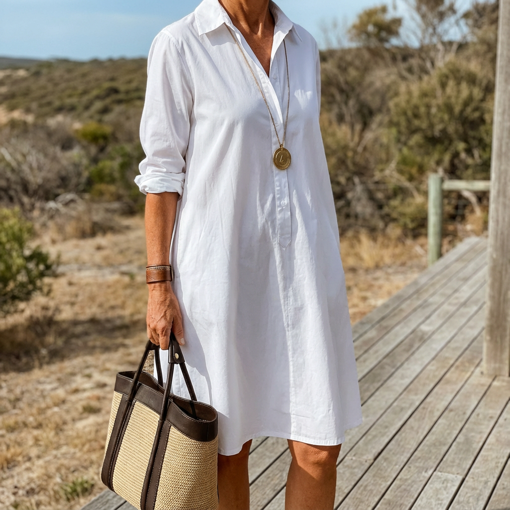 Elegant white women's midi dress. Button-down, A-line style for timeless sophistication & versatile chic fashion.