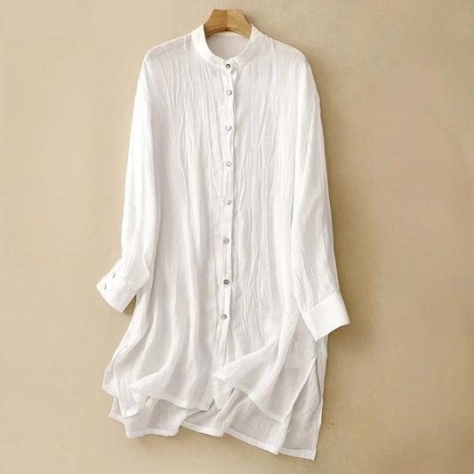 Elegant white women's flowy midi dress with short sleeves and a sophisticated mandarin collar for summer casual style.