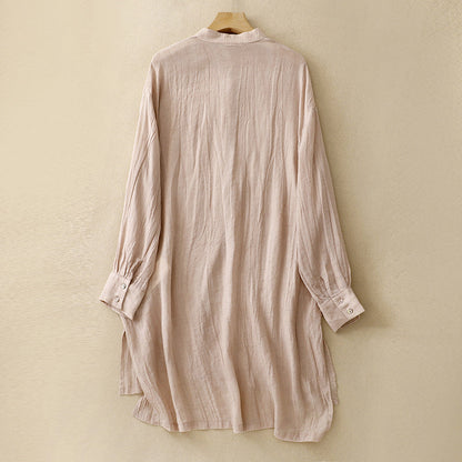 Stylish women's elegant flowy midi dress with a mandarin collar & short sleeves. Perfect for sophisticated summer fashion.