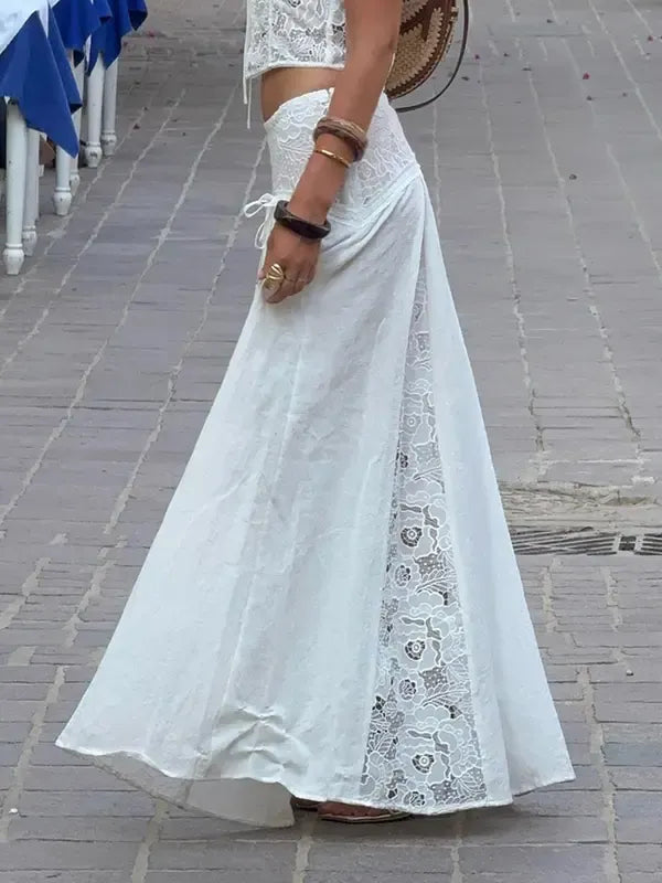 Versatile white lace panel maxi skirt for women, offering a comfortable, elegant, and flowing boho chic style.