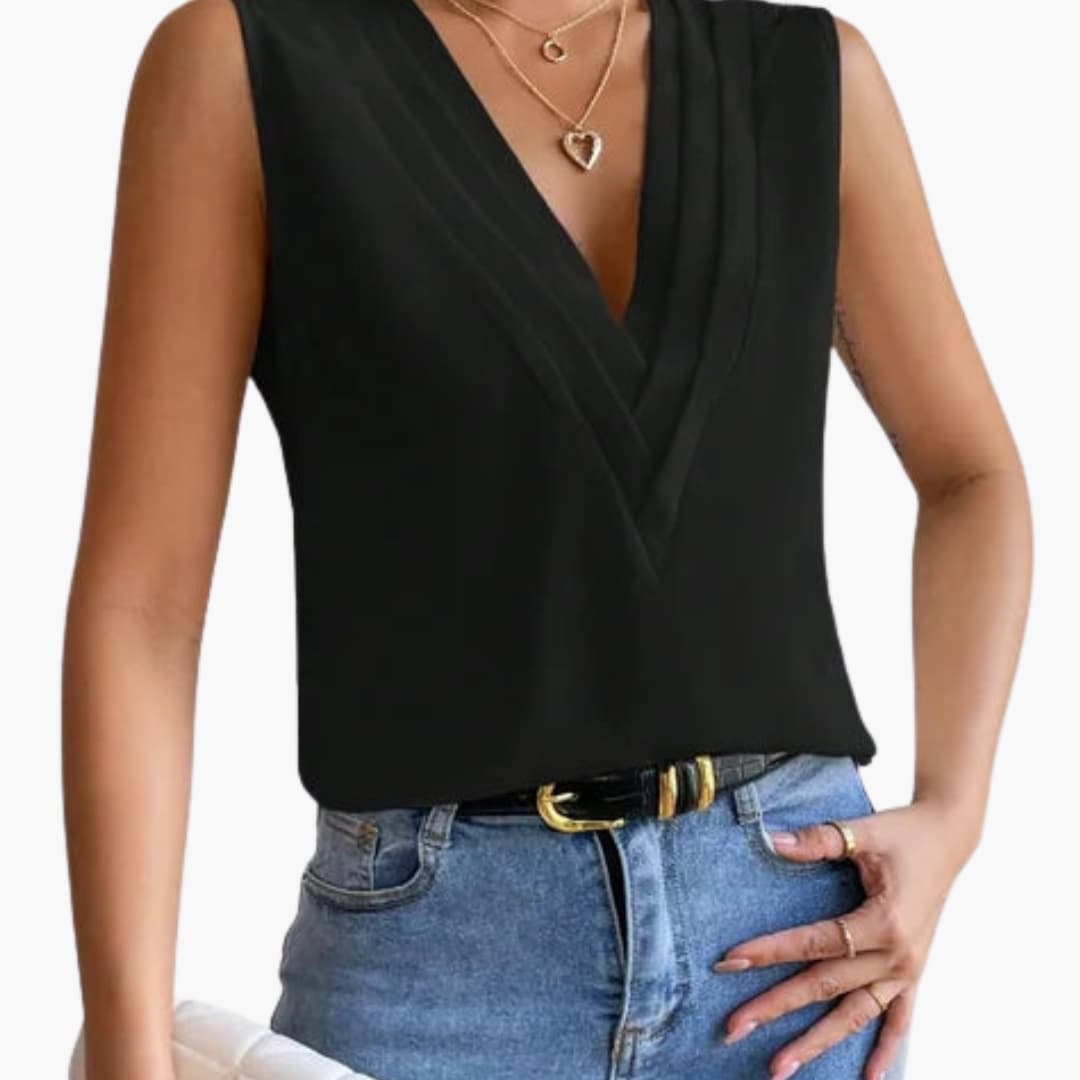 Vibrant colorful V-neck sleeveless blouse for women. Elegant, comfortable, ideal for versatile summer fashion.