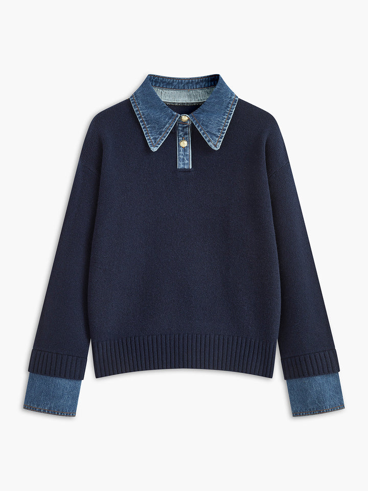 Elegant women's 2-in-1 knit sweater with lapel collar, perfect for fall fashion & workwear.