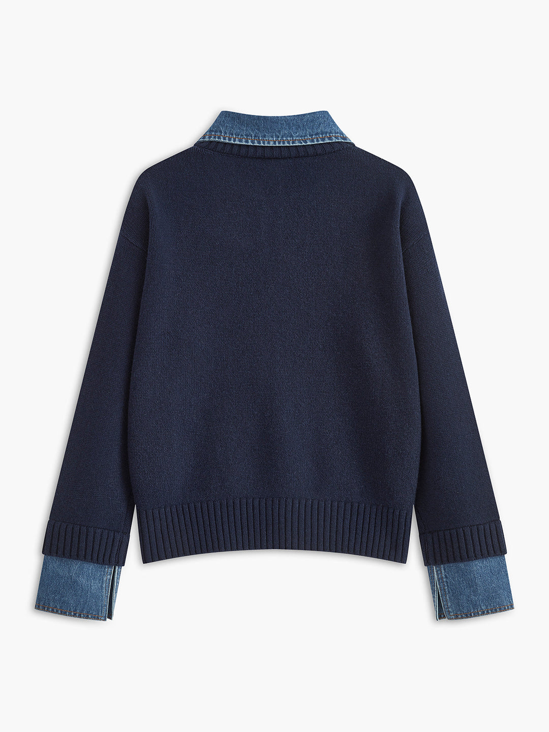Stylish women's knit sweater featuring a unique 2-in-1 design and sophisticated lapel.
