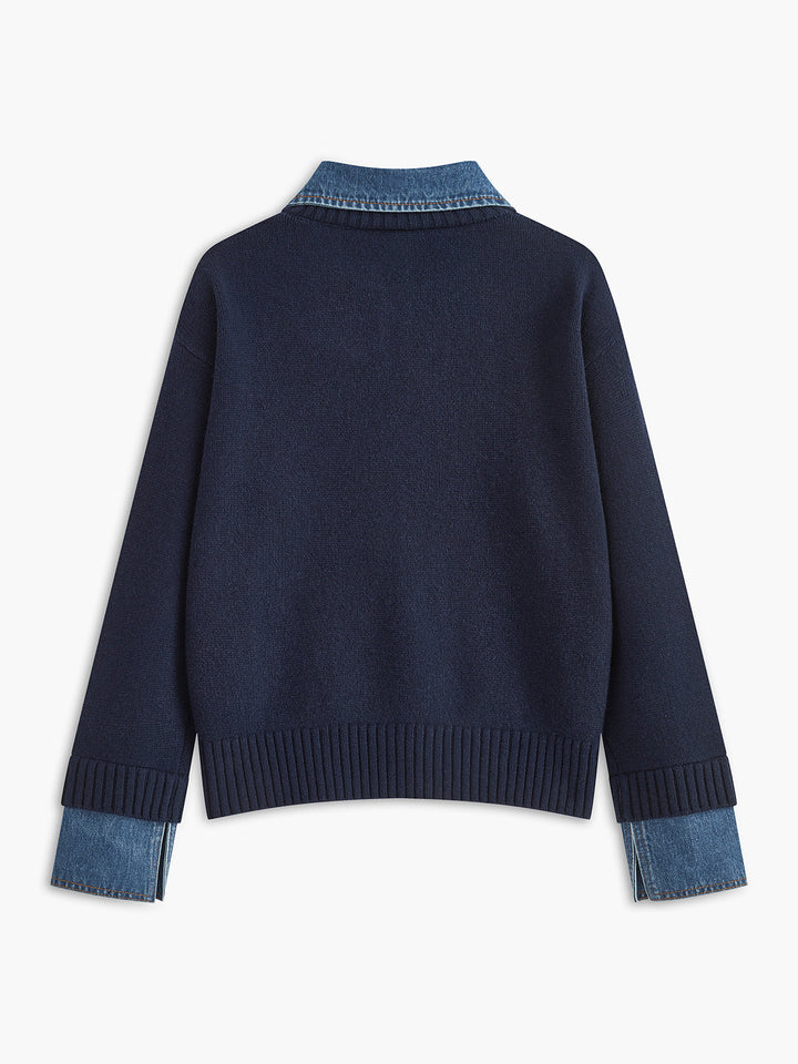 Stylish women's knit sweater featuring a unique 2-in-1 design and sophisticated lapel.