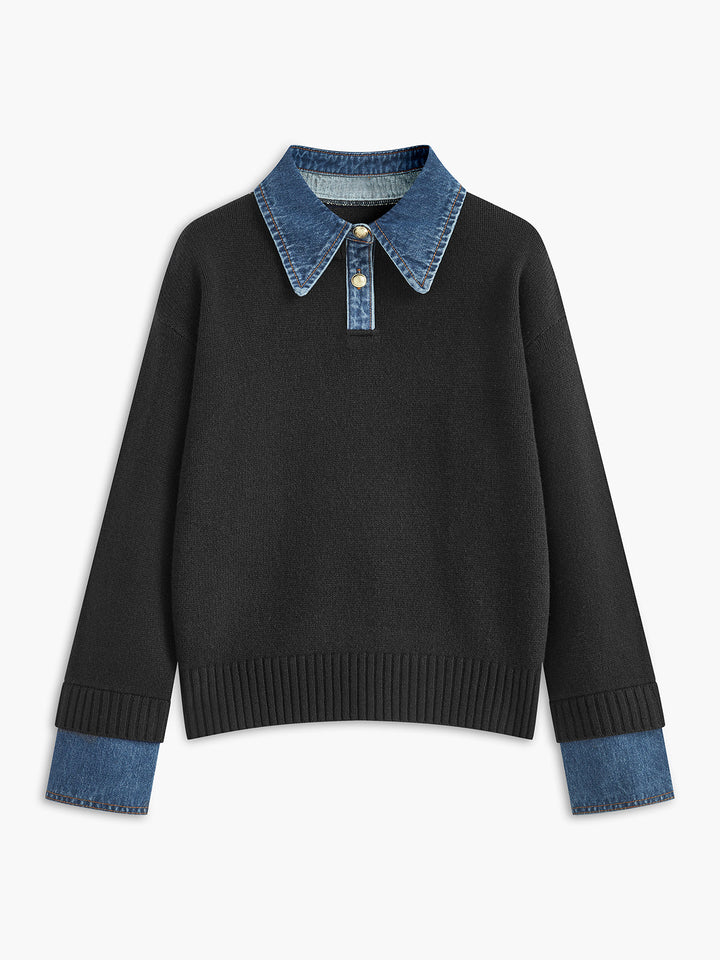 Fall fashion women's knit sweater with a sophisticated lapel and a clever 2-in-1 look.