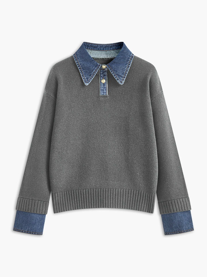 Cozy women's elegant knit sweater, 2-in-1 design with lapel collar, suitable for spring & winter.