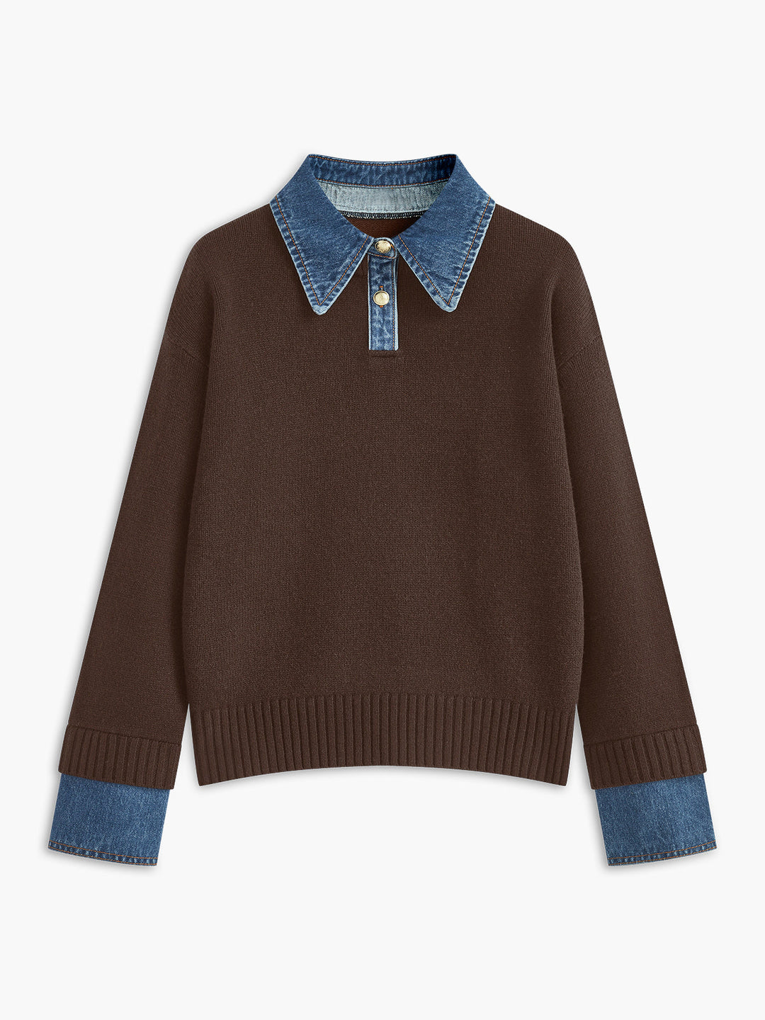 Women's versatile 2-in-1 knit sweater in a shift fit, featuring an elegant lapel and button detail.