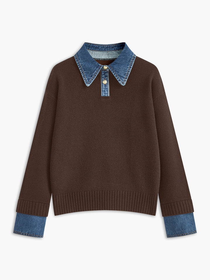 Women's versatile 2-in-1 knit sweater in a shift fit, featuring an elegant lapel and button detail.