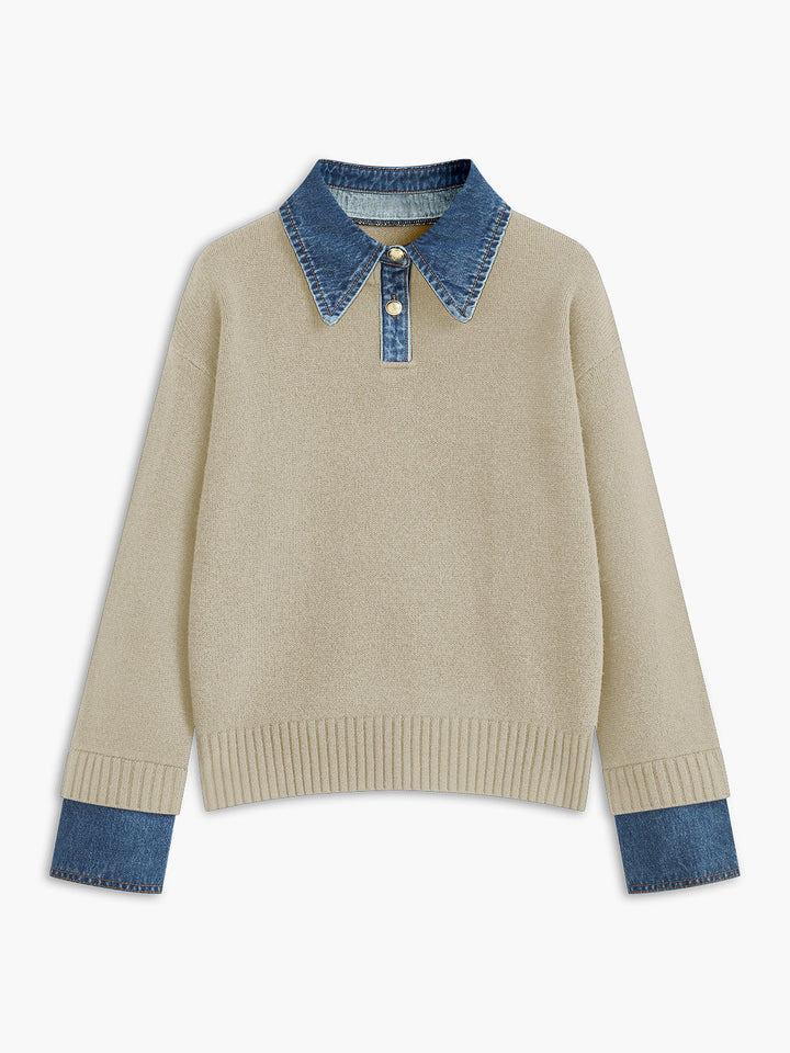 Elegant women's lapel knit sweater, 2-in-1 style perfect for work, casual outings, and fall fashion.