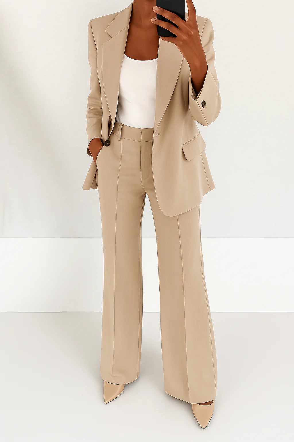 Formal women's coordinated suit set featuring a smart blazer and stylish wide-leg trousers for professional attire.