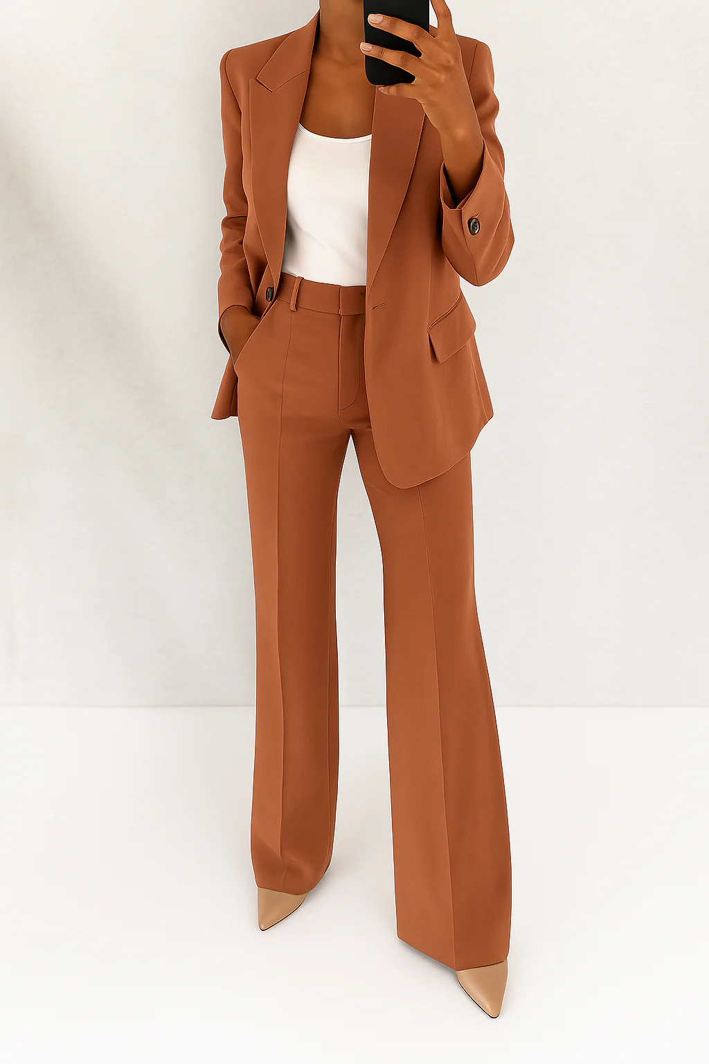Chic women's two-piece suit: elegant blazer and wide-leg pants. Ideal for office, business & professional events.