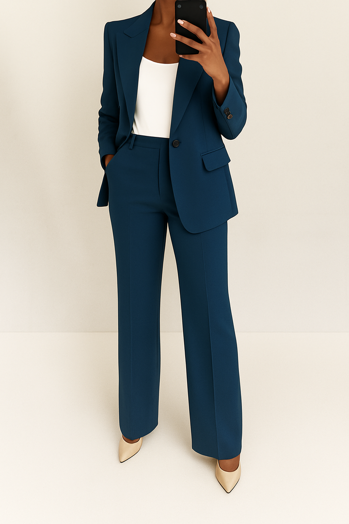 Coordinated women's formal suit set: elegant blazer and wide-leg pants for a polished, professional appearance.