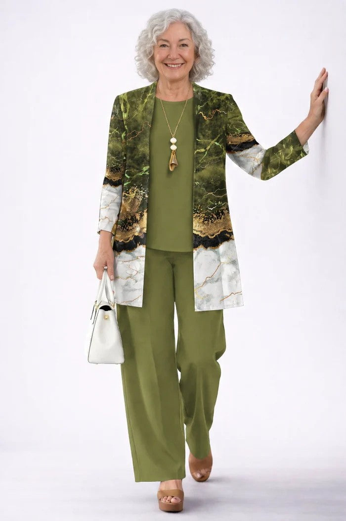 Women's chic matching 3-piece set: elegant blazer, top & trousers. Versatile coordinated outfit.