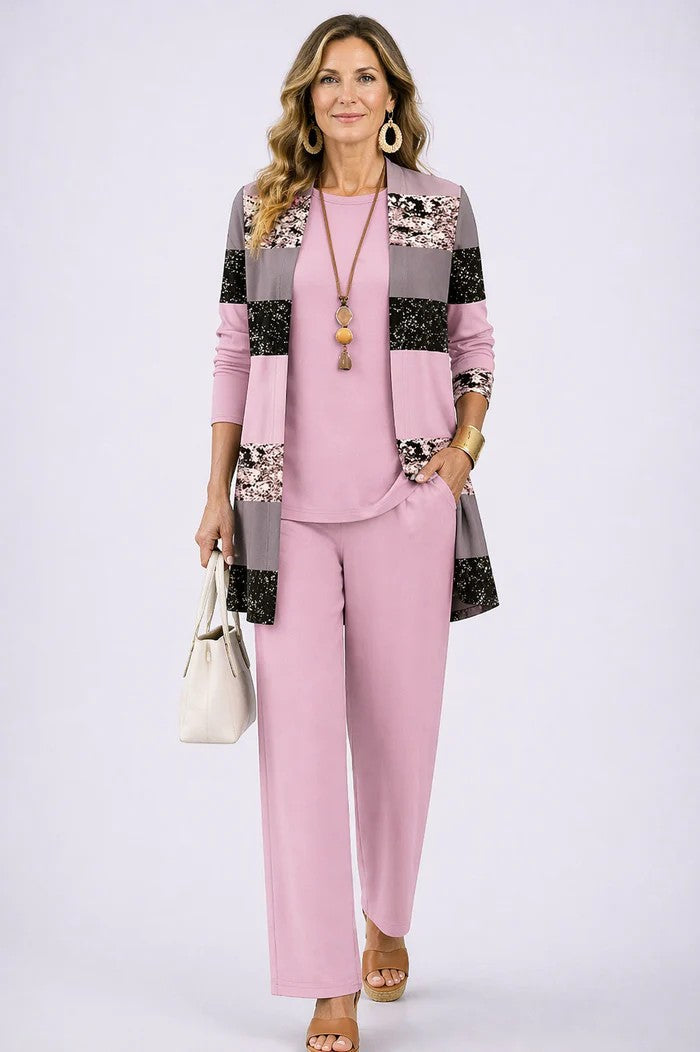 Women's elegant 3-piece blazer, top & trousers set. Coordinated business casual ensemble for stylish women.