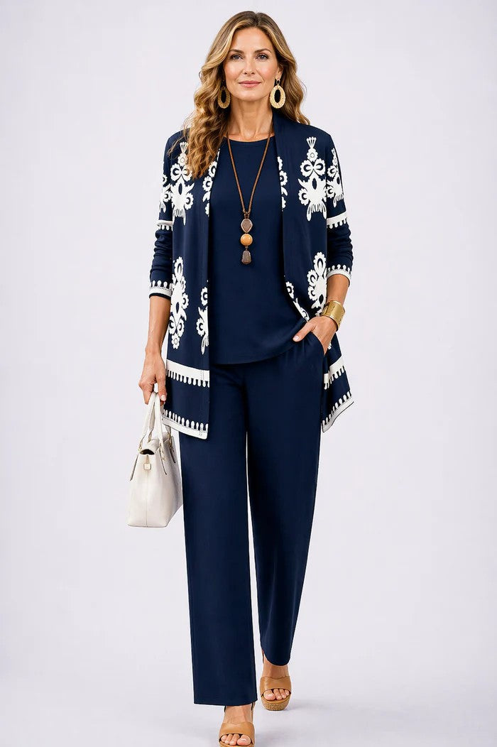 Classic women's 3-piece blazer, top & trousers set. An elegant coordinated outfit for professional wear.