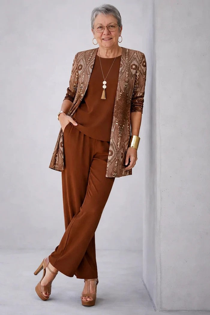 Fashionable women's 3-piece blazer, top & trousers set. Elegant style for smart casual & office wear.