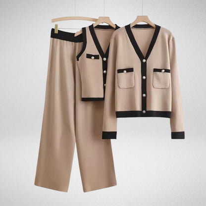 Elegant women's 3-piece cotton blend lounge set in khaki. Comfortable and stylish day-to-night casual outfit.